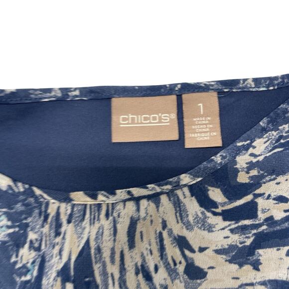 Chicos Blouse Size 1 Blue Printed Top Lined - Picture 6 of 8